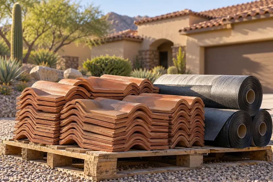 Generated illustration of roofing materials beside a Scottsdale home.